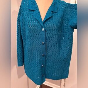 Hand Knit Cardigan 3/4 Sleeves Teal Large Grandma NWT